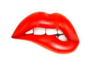 Woman biting her red lips. Vector illustration.